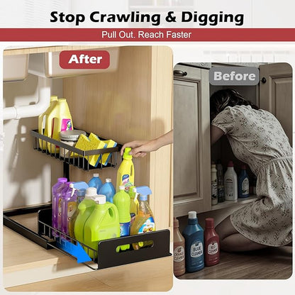 REALINN Under Sink Organizer, L-Shaped 2 Tier Pull Out Cabinet Organizer for Kitchen and Bathroom, Slide Out Under Cabinet Storage, Metal Under Sink Storage with Sliding Drawer, 50 lbs, Black 2 Pack