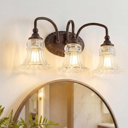 3-Light Bathroom Light Fixtures Vintage Oil Rubbed Bronze Vanity Lights Over Mirror with Floral Glass Shade for Bathroom Powder Room, Living Room Hallway