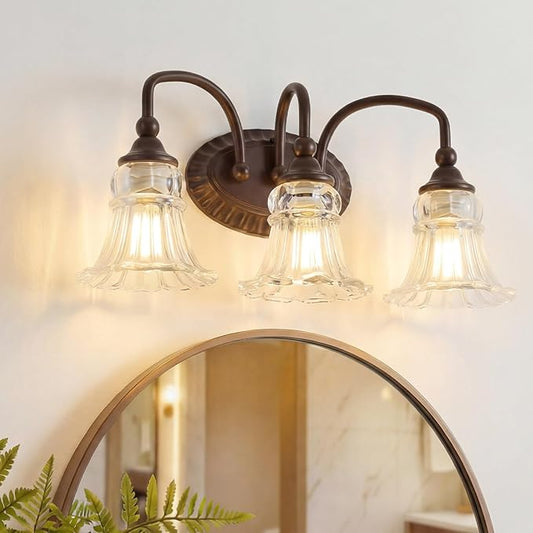 3-Light Bathroom Light Fixtures Vintage Oil Rubbed Bronze Vanity Lights Over Mirror with Floral Glass Shade for Bathroom Powder Room, Living Room Hallway