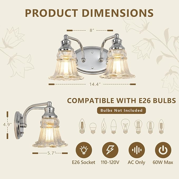 2-Light Bathroom Light Fixtures Over Mirror, Vintage Vanity Lights with Clear Floral Glass Shades, Chrome