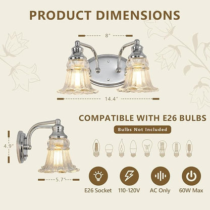 2-Light Bathroom Light Fixtures Over Mirror, Vintage Vanity Lights with Clear Floral Glass Shades, Chrome