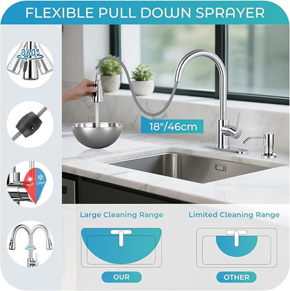 Pull Down Kitchen Faucet with Soap Dispenser - Polished Chrome Single Handle Kitchen Faucets, High Arc Stainless Steel Pull Out Kitchen Sink Faucet with Deck for RV Laundry Farmhouse Bar