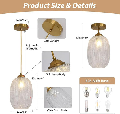 KCO Lighting Clear Glass Globe Pendant Light Ribbed Ceiling Light Brass Pendant Lights Kitchen Island Mid Century Modern Ceiling Hanging Light Gold Single Pendant Light