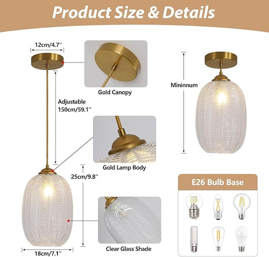KCO Lighting Clear Glass Globe Pendant Light Ribbed Ceiling Light Brass Pendant Lights Kitchen Island Mid Century Modern Ceiling Hanging Light Gold Single Pendant Light