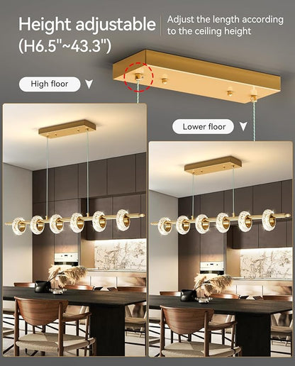 Dimmable Modern LED Chandelier with Remote Control, Crystal Dining Room Light Fixtures Over Table, 3000K-6500K Gold Linear Pendant Light for Kitchen Island