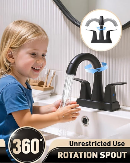 ‌BRAVEBAR Matte Black Bathroom Faucet 4 Inch Centerset 3 Hole, 2 Handle Faucet with Heat-Resistant Pull-Out Sprayer, 360° Swivel Spout & Pop-Up Drain, BF-116B