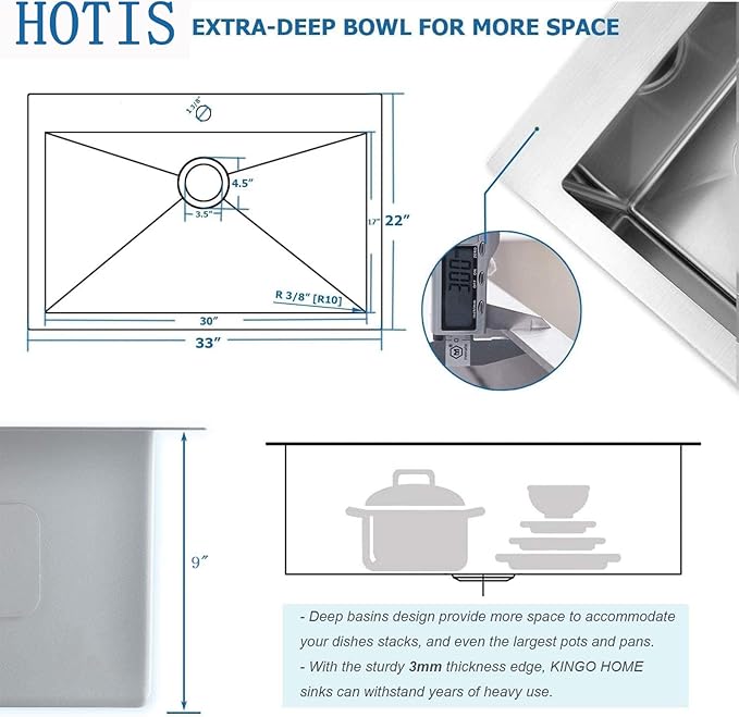 HOTIS 33x22 Drop In Kitchen Sink, Topmount Stainless Steel Brushed Nickel Single Bowl Sink, Extra-thick 16 Gauge For RV Kitchen Laundry Utility with Dish Grid