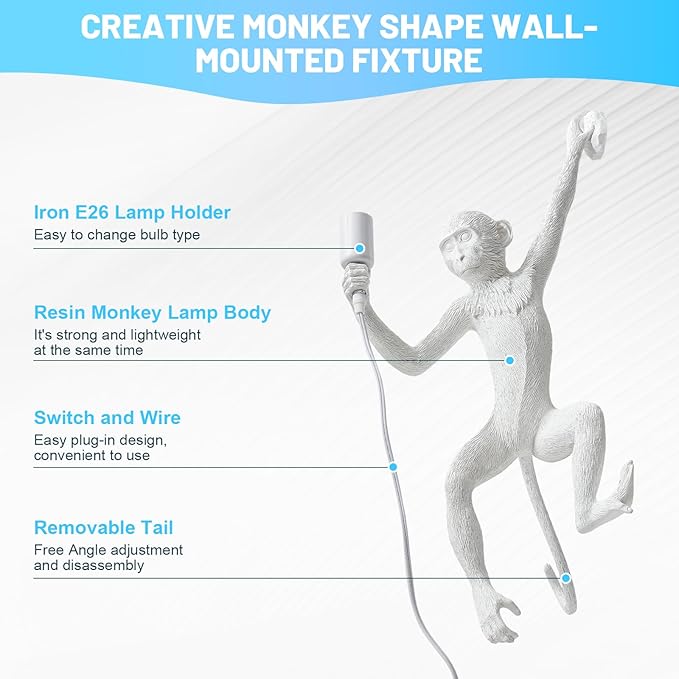 Monkey Wall Lingt, Creative Monkey Shape Plug in Wall Sconces, Industrial Retro Indoor Decorative Animal Light Fixture for Bedroom, Living Room, Childrens Room and Home Decoration