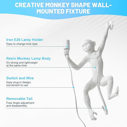 Monkey Wall Lingt, Creative Monkey Shape Plug in Wall Sconces, Industrial Retro Indoor Decorative Animal Light Fixture for Bedroom, Living Room, Childrens Room and Home Decoration