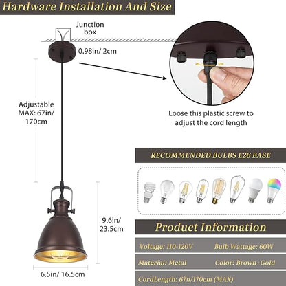 Brown Pendant Lights Kitchen Island 3 Pack, Vintage Pendant Light, 6.5’’ Farmhouse Light Fixtures, Adjustable Height, Pendant Lighting for Dining Room, Living Room, Sink, Bar