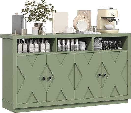 Bigbiglife Kitchen Buffet Cabinet, Farmhouse Coffee Bar Cabinet with 4 Doors and 3 Open Compartments, 59'' Buffet Cabinet Storage Cabinet, Wood Sideboard Buffet for Kitchen, Dining Room