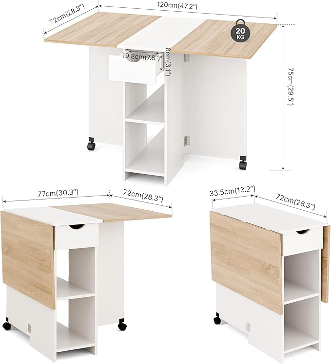 Folding Dining Table, Drop Leaf Table for Small Space with Drawer and Open Storage Shelves, Modern Rectangular Kitchen Dining Table, 47.2" L x 28.3" W (Oak & White)