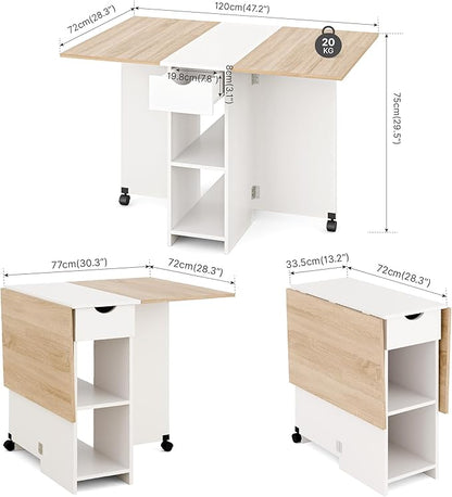 Folding Dining Table, Drop Leaf Table for Small Space with Drawer and Open Storage Shelves, Modern Rectangular Kitchen Dining Table, 47.2" L x 28.3" W (Oak & White)