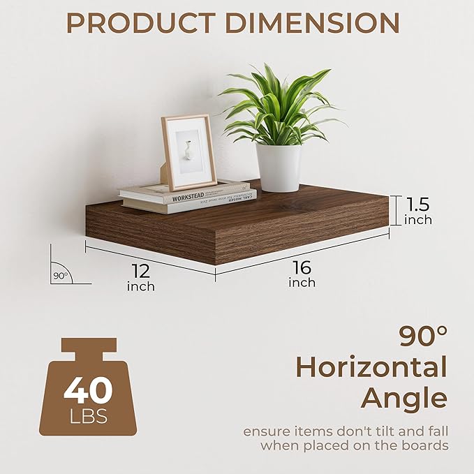 RICHFOCUS Deep Floating Shelves for Wall 2 Pack 12" D 16 Inch Wall Shelves for Room Wall|Wood Hanging Shelf with Invisible Brackets for Bathroom Bedroom Kitchen Laundry Room, Walnut