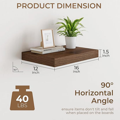 RICHFOCUS Deep Floating Shelves for Wall 2 Pack 12" D 16 Inch Wall Shelves for Room Wall|Wood Hanging Shelf with Invisible Brackets for Bathroom Bedroom Kitchen Laundry Room, Walnut