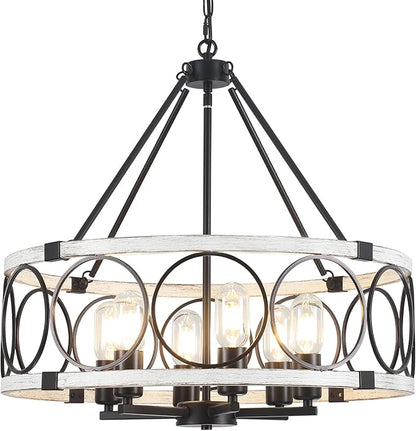 Rustic Farmhouse Chandelier 6 Light, Dining Room Light Fixtures Over Table, Hanging Farmhouse Light Fixture Round Chandelier for Kitchen Island Entryway Foyer Bedroom-Black & White Oak