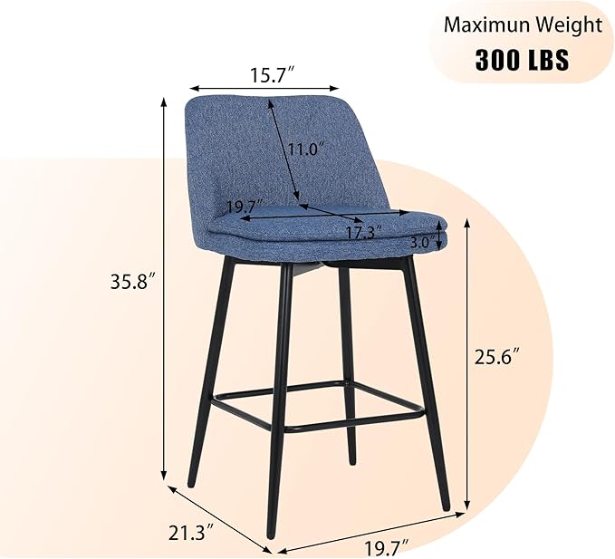 Counter Height Swivel Bar Stools Set of 2, 360° Swivel Upholstered Barstools with Back and Metal Legs, 25.6" Seat Height,Counter Stools for Kitchen Island and Pub,Linen Cloth,for Living Room