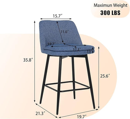 Counter Height Swivel Bar Stools Set of 2, 360° Swivel Upholstered Barstools with Back and Metal Legs, 25.6" Seat Height,Counter Stools for Kitchen Island and Pub,Linen Cloth,for Living Room