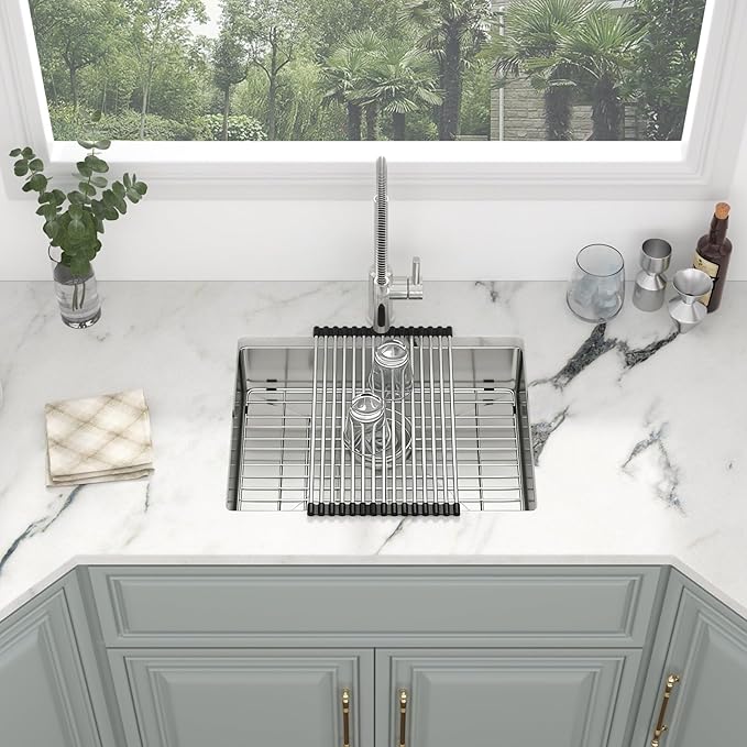 Kichae 23 Inch Undermount Kitchen Sink - Stainless Steel Sinks 16 Gauge Single Bowl 5" Small Shallow Kitchen Sink Round Corner Handmade Basin