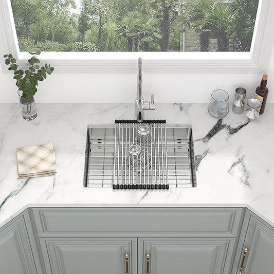 Kichae 23 Inch Undermount Kitchen Sink - Stainless Steel Sinks 16 Gauge Single Bowl 5" Small Shallow Kitchen Sink Round Corner Handmade Basin