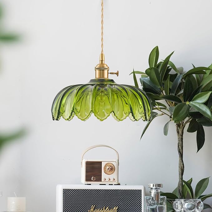 Glass Pendant Lights Kitchen Island, Vintage Brass Pendant Light Fixtures, Adjustable Green Kitchen Pendant Lighting Over Island for Bedroom Living Room Hallway Dining Room