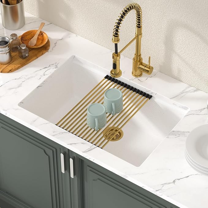 Lordear 28 Inch White Granite Composite Kitchen Sink Workstation 28x19 White Undermount Quartz Sinks Under Counter Single Bowl Sink with Classic Gold Accessories