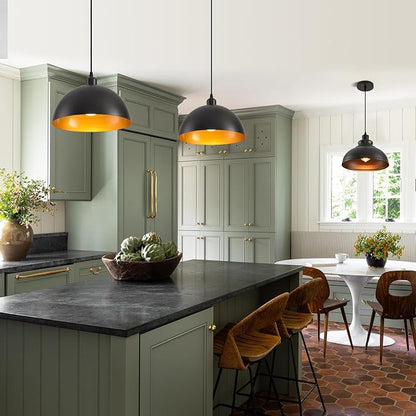Plug in Pendant Light 2 Pack Industrial Hanging Lamp with Golden Finish Inside Black Vintage Pendant Lighting Fixtures with 15ft Cord On/Off Switch