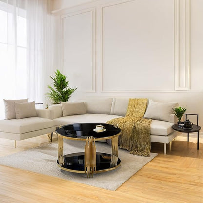 Modern Black Mirror Coffee Table, Asymmetrical Metal, Circular Metal Drum Base, Gold Finish & Lower Shelf