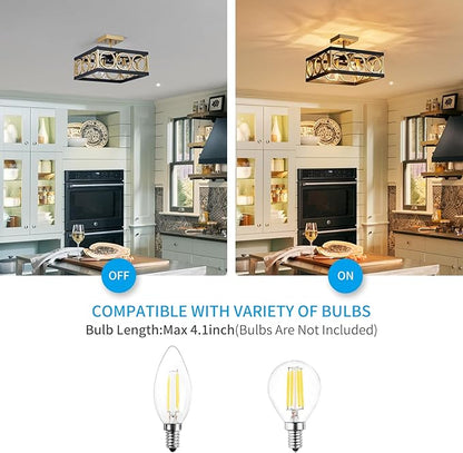 XINGQ Black and Gold Ceiling Light Fixture Modern 4-Light 13'' Semi Flush Mount Ceiling Lights for Living Dining Room Bedroom with Square Metal Shade, E12 Bulb Base
