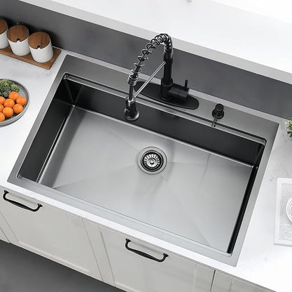 33 x 22 Drop In Kitchen Sink Black Workstation - 16 Gauge Stainless Steel Sinks Handmade 10 Inch Deep Single Bowl Kitchen Sink Top Mount Easy to Clean