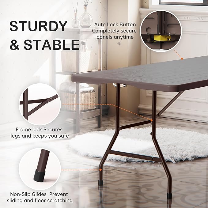 Set of 2 6 Foot Folding Table for Indoor Outdoor, Portable Heavy Duty Fold-in-Half Utility Plastic Foldable Dining Table with Carrying Handle for Picnic, Camping and Party, 2 Pack Brown