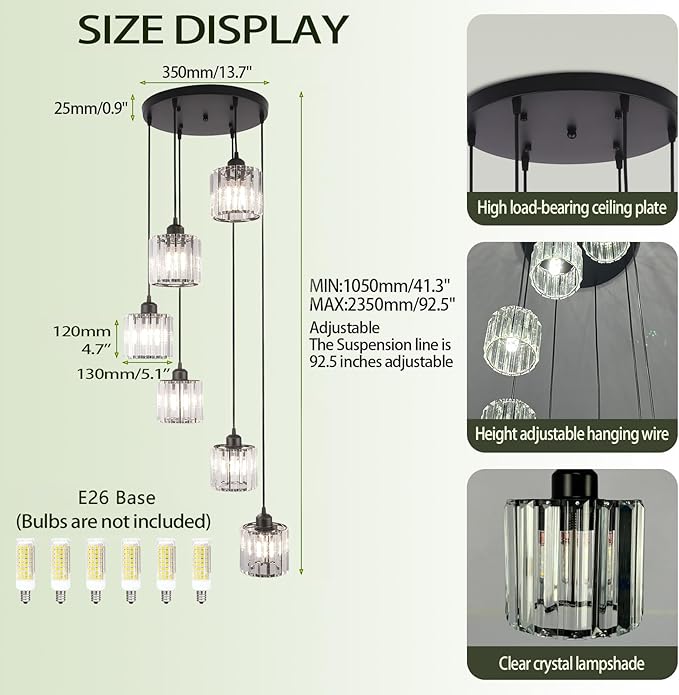 Long Chandelier for High Ceilings Modern Crystal Long Pendant Light Raindrop Drop Lamp Hanging Flush Mount Chandelier Ceiling Light for Staircase Foyer Living Room Entryway 6 Lights