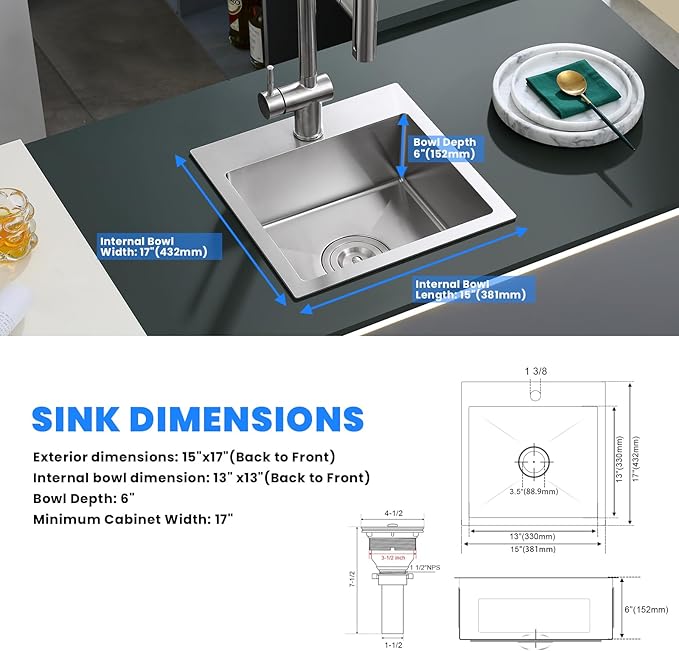 POPFLY 15×17 Inch Drop In Sink, SUS304 Stainless Steel Topmount Sinks Handmade Single Bowl 18 Gauge Kitchen Small Bar Sink 6 Inches Deep, Brushed Nickel