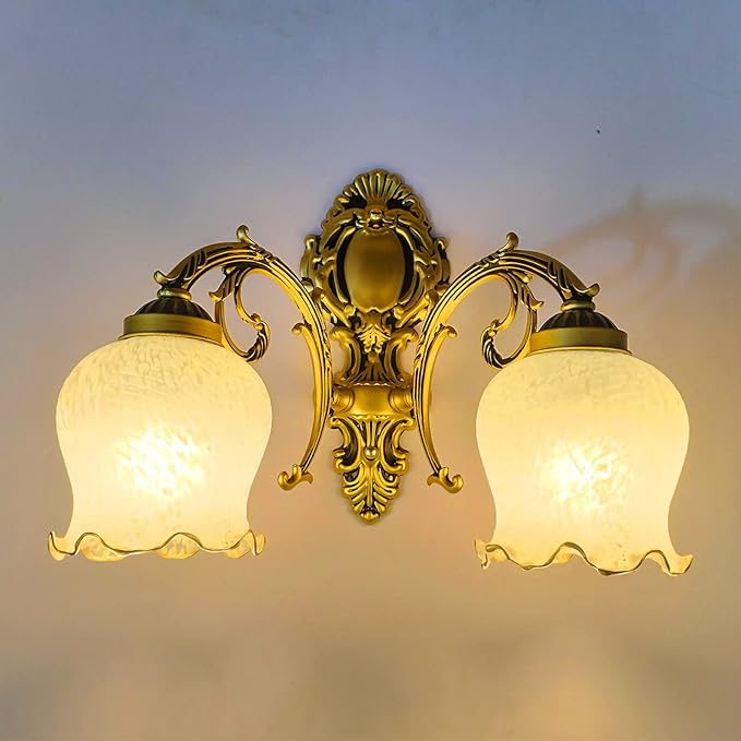 Retro Wall Sconce, 2-Light Vintage Wall Lights with Flora Glass Shade, Antiqued Vanity Wall Light Fixtures for Bedroom Living Room Bathroom Hallway Corridor Kitchen （Brass）