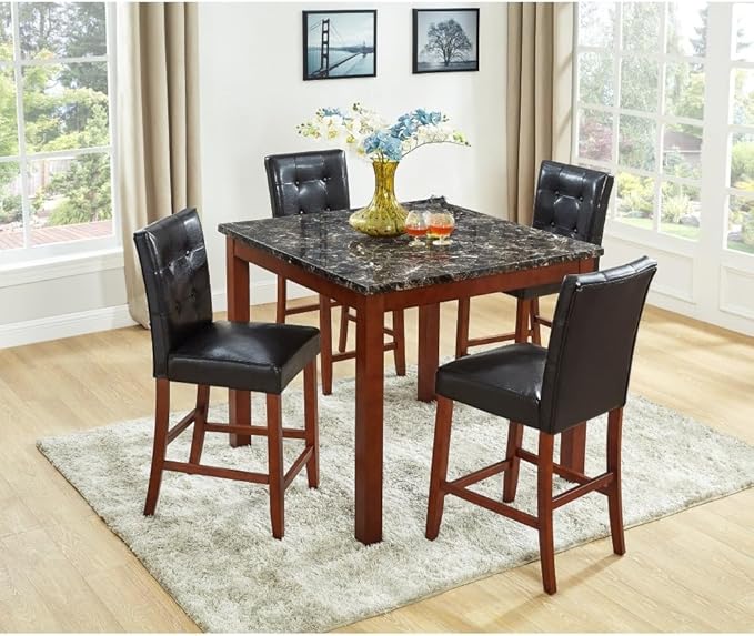 Counter Height Dining Set with Faux Marble Top and PU Upholstered Chairs for Kitchen Island Seating