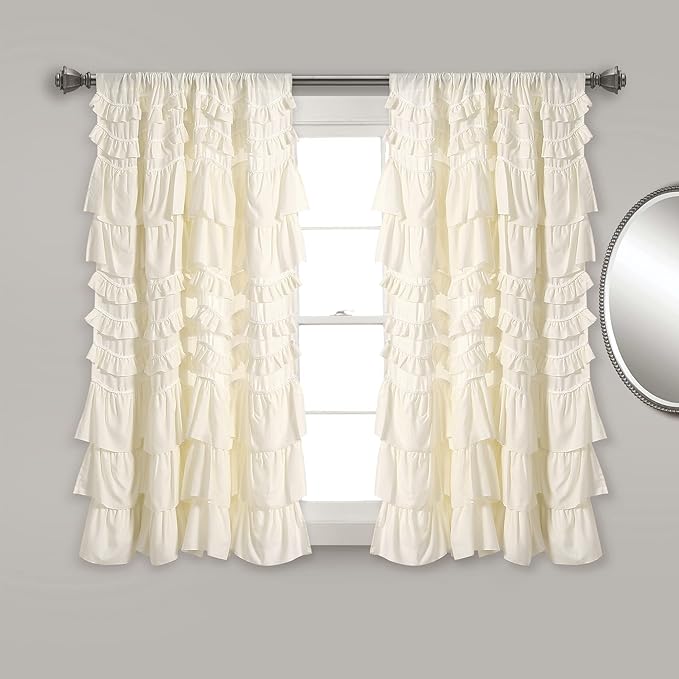 Lush Decor Kemmy Light Filtering Window Curtain Panel Single 52" W x 63" L Ivory - Drapes - Ruffled Curtains for Bedroom - Cream Curtains - Coquette Decor