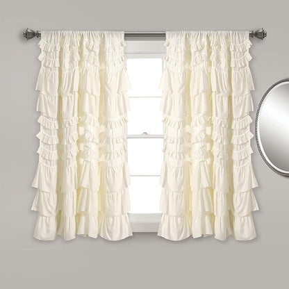 Lush Decor Kemmy Light Filtering Window Curtain Panel Single 52" W x 63" L Ivory - Drapes - Ruffled Curtains for Bedroom - Cream Curtains - Coquette Decor