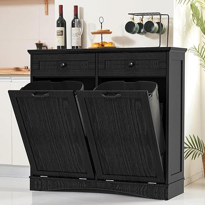Double Tilt Out Trash Cabinet Freestanding Wooden Garbage Can Cabinet with Hideaway Drawers, 2x13 Gallons Pet Proof Garbage Can Holder for Kitchen Living Room, Dark Black