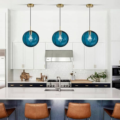 Modern Blue Glass Pendant Light, Kitchen Island Lighting 3-Pack Globe Pendant Light Fixtures Century Kitchen Island Pendant Lighting for Bedroom Living Dining Room Light Fixture (Without Bulb)
