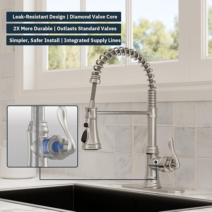BWE Brushed Nickel Kitchen Faucet with Pull Down Sprayer, Single Handle High Arc Kitchen Sink Faucet 1 Hole or 3 Hole, Solid Brass Spring Kitchen Faucet with 3-Mode Sprayer for Farmhouse RV