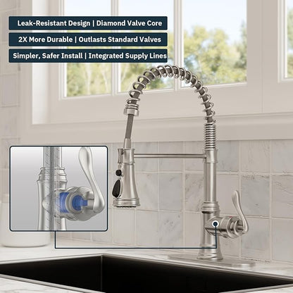 BWE Brushed Nickel Kitchen Faucet with Pull Down Sprayer, Single Handle High Arc Kitchen Sink Faucet 1 Hole or 3 Hole, Solid Brass Spring Kitchen Faucet with 3-Mode Sprayer for Farmhouse RV