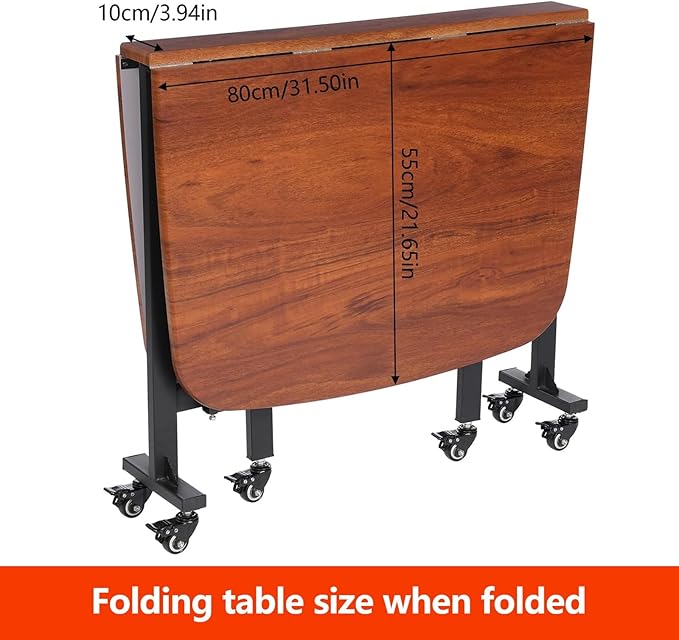 Folding Dining Room Table for 4/8 with 47.2in Extra Wide Space Saving Drop Leaf Table with Lockable Wheels, Heavy Duty Eco Solid Wood Top 220lb, Solid Wooden Foldable Kitchen Table, Easy Assembly(Brow