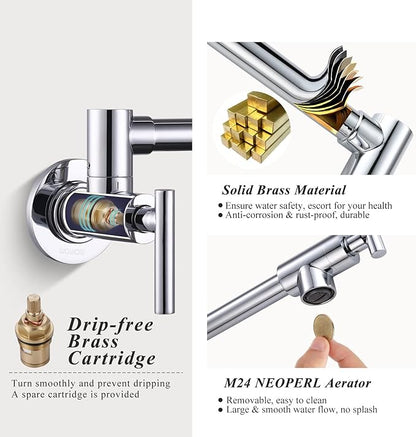 WOWOW Chrome Pot Filler Faucet - Solid Brass Pot Filler Wall-Mounted Pasta Faucet with Double Joint Swing Arm for Kitchen Over Stove