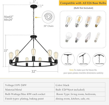 9-Lights Farmhouse Chandelier | Dia 32'' Black Wagon Wheel Chandelier | Rustic Hanging Dining Room Light Fixture | Apply to Living Room | Kitchen Island | Entryway | Foyer