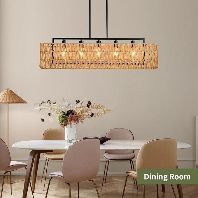 Chandeliers for Dining Room 40 Inch Boho Rattan Chandelier 5-Light Linear Chandelier Large Rectangle Chandelier Over Table, Rattan Light Fixture Kitchen Island Lighting