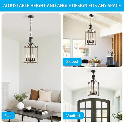 XINGQI Farmhouse Chandeliers for Dining Room,4 Light Hanging Lantern Black Wood Finish Pendant Lighting Fixture for Staircase Foyer Kitchen Island Dinning Room Living Room