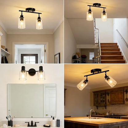 HiBay 2-Light Track Lighting Fixture Black, Ceiling or Wall Mount Rotatable Spotlights with Glass Shades, Modern Farmhouse Industrial Lights for Bedroom, Kitchen Sink, Loft, E26 Base