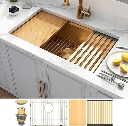 Gold Undermount Kitchen Sink, 16 Gauge T-304 Stainless Steel All In One Workstation Sinks With Full Set Accessories, 30" x 18" x 10" Large and Deep Handmade Single Bowl Kitchen Sinks