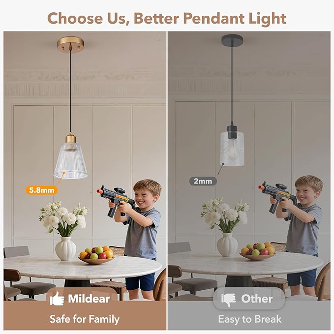 Pendant Lights Kitchen Island, Gold Pendant Light Fixtures with 5.8mm Thick Glass Shade and Adjustable Cord, Modern Pendant Lighting for Bathroom, Dining Room, Bedroom, 3 Pack