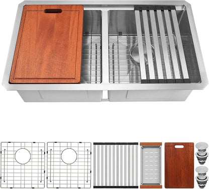 Undermount Double Kitchen Sink, 16 Gauge SUS304 Stainless Steel Kitchen Sinks,50/50 Features All In One Workstation Sinks with Accessories, 32"x 18" x 10" Large and Deep Double Kitchen Sink